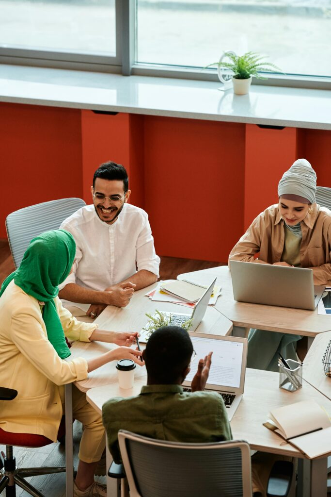 A team discussing strategy in a bright office